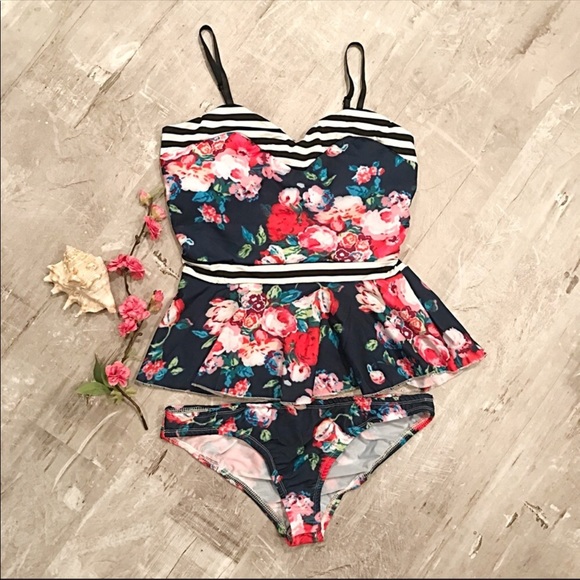 Peplum 2 Piece Swimsuit Flower Striped Tankini - Picture 6 of 8